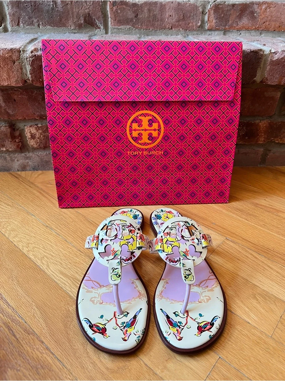 Tory Burch Pink Porcelain Floral Printed Leather Miller Welt Sandals